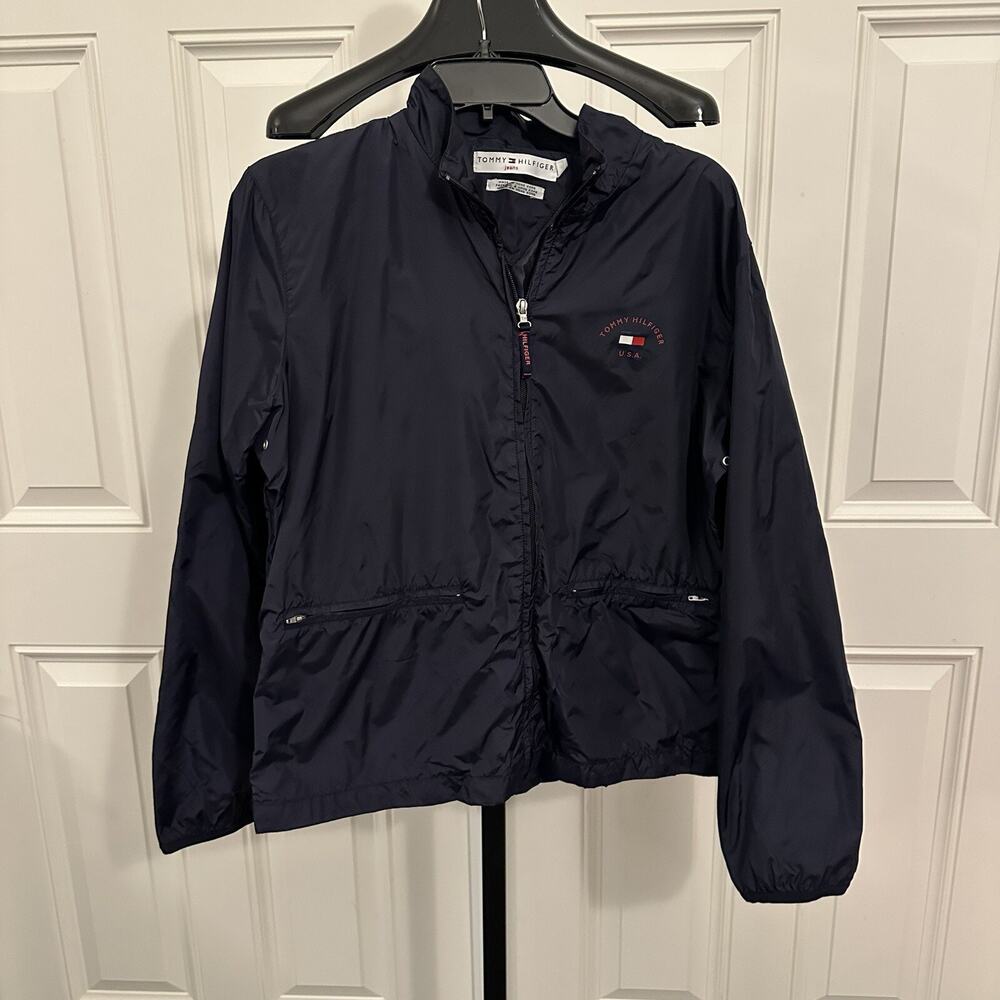 Vtg Tommy Hilfiger Windbreaker Women's L Blue Full Zip Mock Neck Flag Logo